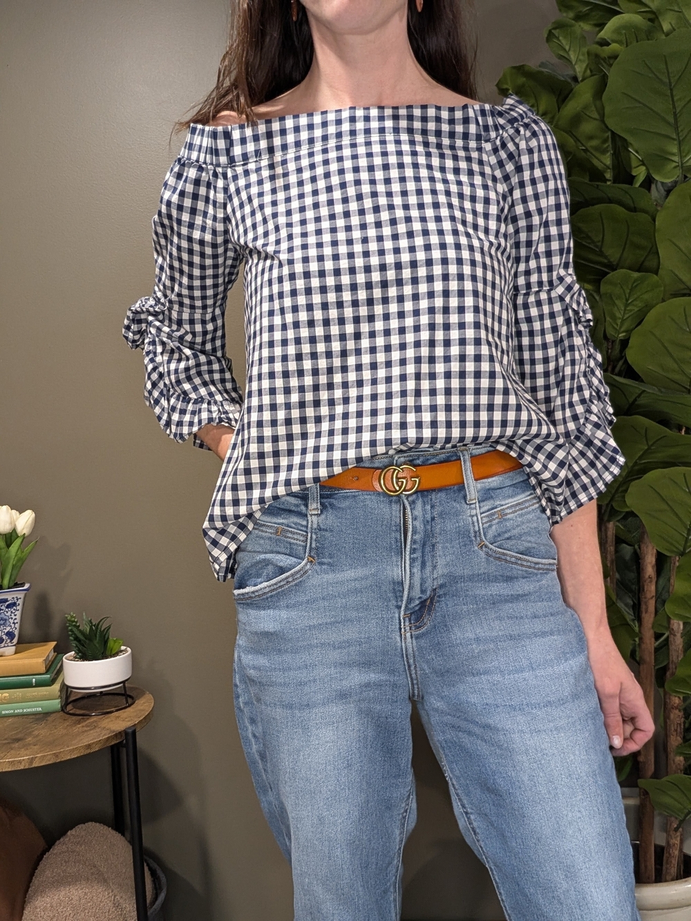 Cupio Navy and White Gingham Off-Shoulder Blouse